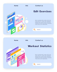 Workout statistics chart history. Exercise, training and healthy lifestyle. Fitness app. Vector web site design template. Landing page website concept illustration.