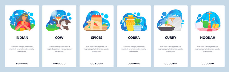 Indian traditional culture and food. Indian girl, holy cow, spices, curry. Mobile app onboarding screens. Menu vector banner template for website and mobile development. Web site design illustration