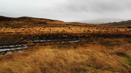 Fototapeta na wymiar boggy filds in the mountains, turf staks, Connemara, Galway, Ireland