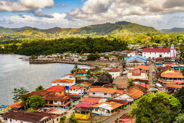 Fototapeta premium Aerial view of Portobelo village from the Peru Lookout Point in Portobelo, Panama.
