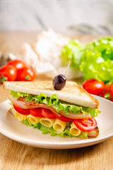 Ham sandwich on a plate on the table. Quick snack. Fast food.