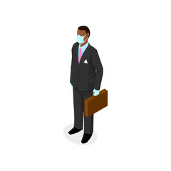 Businessman Wearing Virus Protection Medical Face Mask and Rubber Gloves - Covid 19 outbreak - Isometric Icon Vector Illustration.