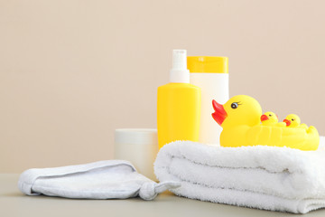 Baby care products on the table. Daily baby care products for skin care, for bathing.