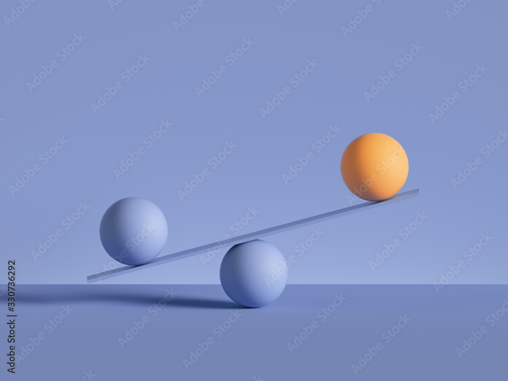 Poster 3d render, balls placed on scales, isolated on violet background. primitive geometric shapes. balanc