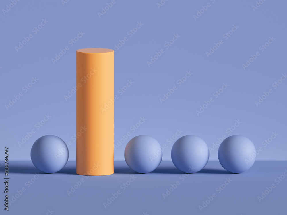 Poster 3d render, abstract minimal geometric background. yellow cylinder placed inside row of violet balls.