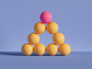 3d render, pyramid of yellow balls isolated on violet background. Billiards game. Primitive geometric shapes. One of a kind. Career, hierarchy, vacancy metaphor. Modern minimal design