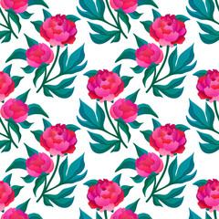 Peony seamless botanical pattern. Red flowers on a white background. Romantic wedding print for textiles. Vector illustration.
