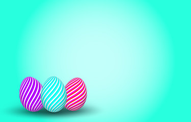 Three colorful striped easter egg on vivid turquoise background. Copy space for the text. 3D illustration.