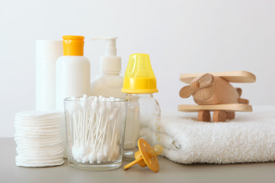 Baby care products on the table. Daily baby care products for skin care, for bathing.