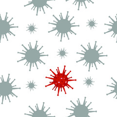 Seamless pattern with viruses on a white background, with microbes, pathogens, bacteria, viruses. Vector flat cartoon illustration.
