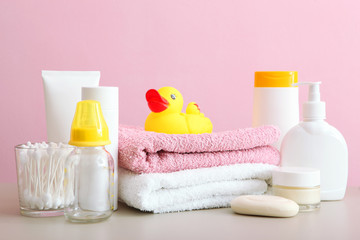 Obraz na płótnie Canvas Baby care products on the table. Daily baby care products for skin care, for bathing.