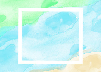 Watercolor frame of green,blue abstract strokes, splashes, blots of paint. Watercolor stroke, background, green,blue  paint.  With a place for an inscription and your design. Abstract paint splash.