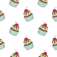  Background with cupcakes. Seamless doodle pattern of creamy cupcakes decorated with cherries on a white background. Vector 8 EPS.