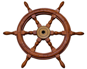Ship's steering navigation wheel isolated on white.