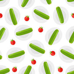 Seamless pattern with flat icons of cucumber, pomodoro on a plate. Vegetable food.