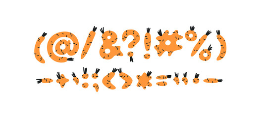 Hand drawn Carrot ABC and word. Cartoon vector illustration veggies font.  Flat drawing vegetarian food. Actual Creative Vegan art work