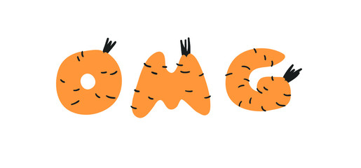Hand drawn Carrot ABC and word. Cartoon vector illustration veggies font.  Flat drawing vegetarian food. Actual Creative Vegan art work