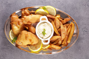 traditional fish and chips with tartar sauce