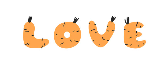 Hand drawn Carrot ABC and word. Cartoon vector illustration veggies font.  Flat drawing vegetarian food. Actual Creative Vegan art work