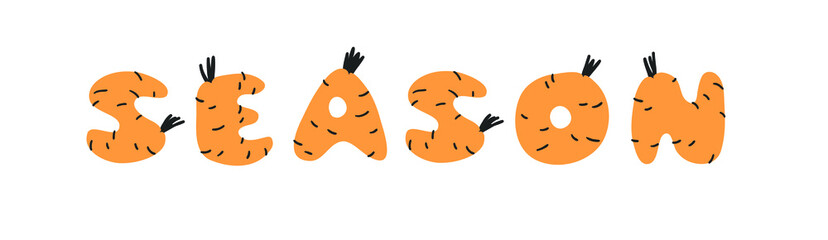 Hand drawn Carrot ABC and word. Cartoon vector illustration veggies font.  Flat drawing vegetarian food. Actual Creative Vegan art work