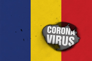 Flag of Romania with burned out hole showing Coronavirus name in it. 2019 - 2020 Novel Coronavirus...