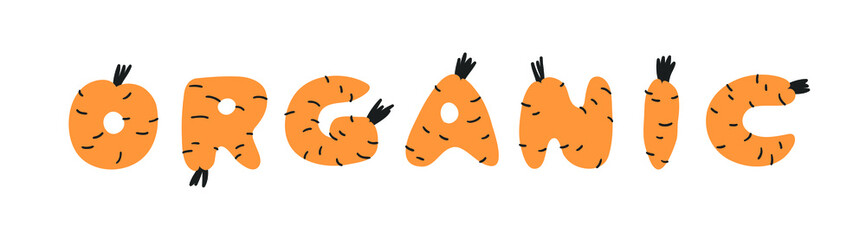 Hand drawn Carrot ABC and word. Cartoon vector illustration veggies font.  Flat drawing vegetarian food. Actual Creative Vegan art work