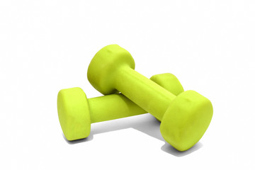 Two green dumbbells isolated on white background