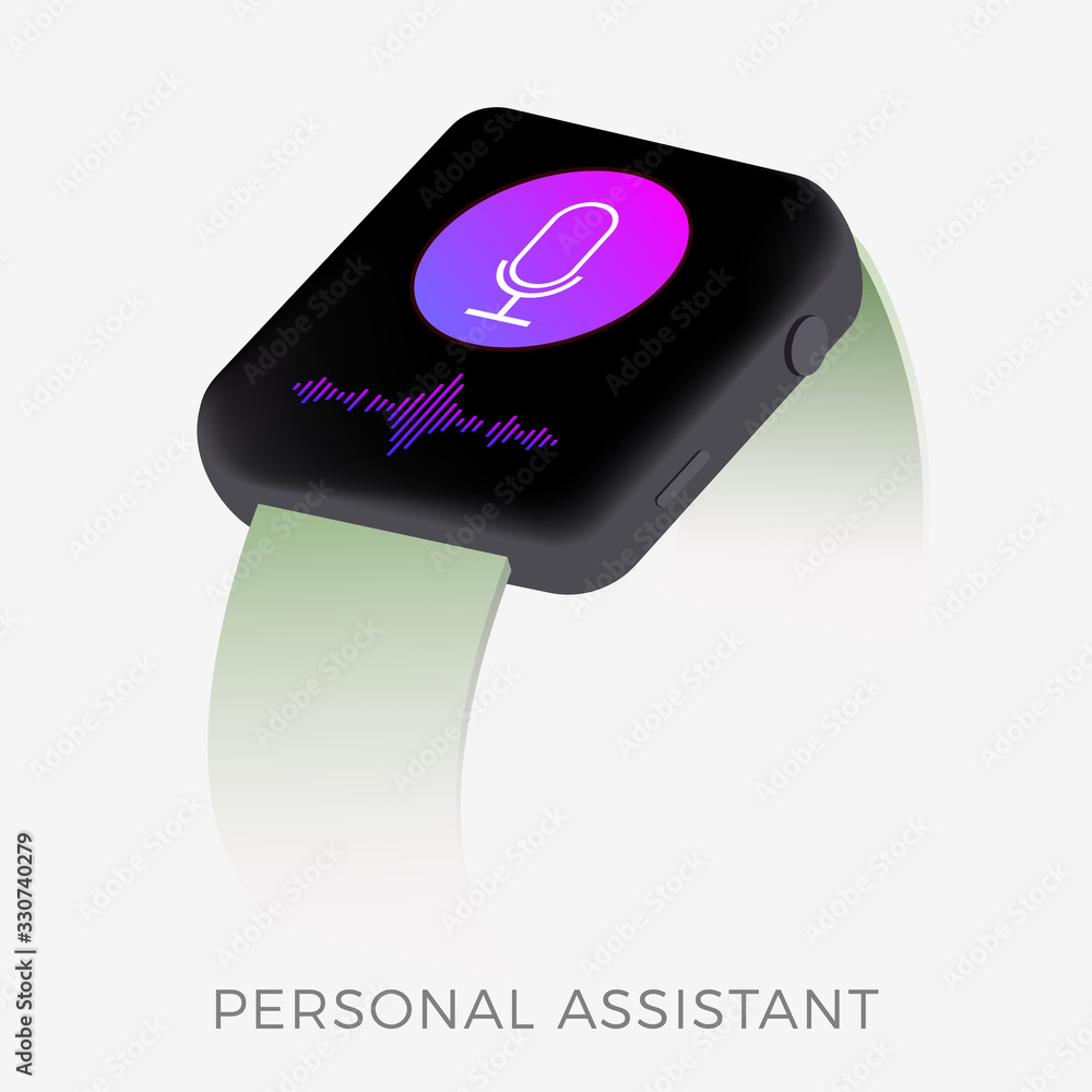 Poster smartwatch with voice assistance isometric vector icon. voice controlled personal assistant with sou