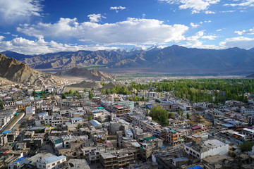 Naklejka premium Leh Ladakh City Top View Blue Sky Mountain 