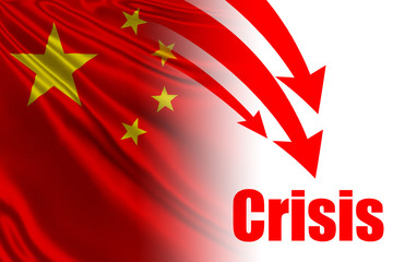 Crisis in China. Flag of the PRC, red arrows down and the inscription Crisis. Deterioration of the economy of the Republic of China. The slowdown in PRC. Unfavorable forecasts of the yen.