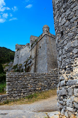 Portovenere ( SP ), Italy - April 15, 2017: Castle Doria in Portovenere gulf of Poets, Cinque...