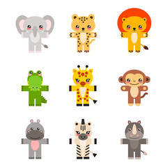Set of african animals. Illustration of cute little animals (a giraffe, a lion, a cheetah, a hippo, a rhino, an elephant, a crocodile, a zebra and a monkey) isolated on a white background. Vector 8 EP