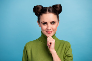 Closeup photo of attractive cute lady look sly eyes think creative idea arm on chin cunning smiling...
