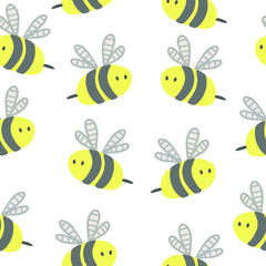 Lovely, little bees. Geometric seamless pattern on a white background.