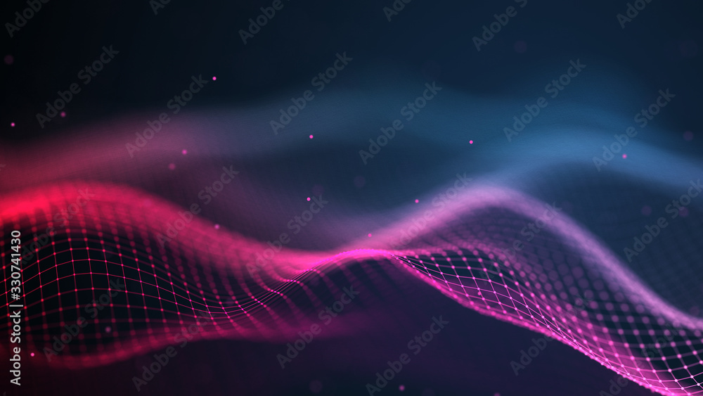 Poster Abstract futuristic wave background. Network connection dots and lines. Digital background. 3d rendering.