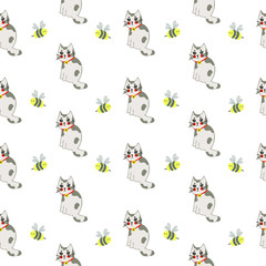 Cute, little bees with a kitten. Geometric seamless pattern on a white background. 