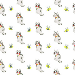Fototapeta premium Cute, little bees with a kitten. Geometric seamless pattern on a white background. 