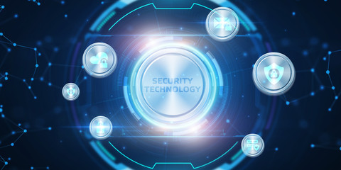 Business, technology, internet and networking concept. Young businessman working in the office, select the icon Security technology on the virtual display.