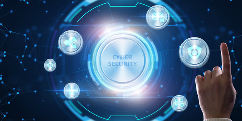 Fototapeta premium Business, technology, internet and networking concept. Young businessman working in the office, select the icon Cyber security on the virtual display.