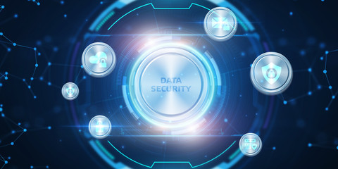 Business, technology, internet and networking concept. Young businessman working in the office, select the icon Data security  on the virtual display.