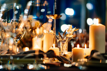 glasses close up festive table setting candles