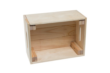 Front view of an empty wooden box, isolated on a white background