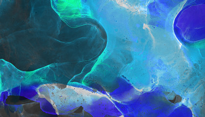 Abstract light sky blue alcohol ink background. Liquid watercolor paint splash texture effect illustration for trendy card design, modern banners, creative ethereal graphic design