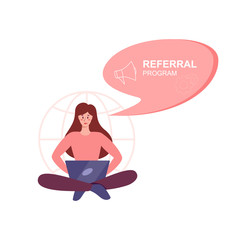 Referral program concept. Woman sitting with laptop and joining