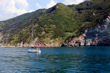 Portovenere ( SP ), Italy - April 15, 2017: Coastline near Portovenere, gulf of Poets, Cinque Terre, La Spezia, Liguria, Italy