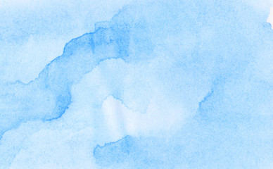 Simple light blue shades color frame watercolor illustration, creative background, smeared sky template. Aquarelle painted paper textured canvas for vintage design, invitation card