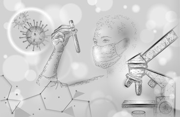Woman doctor scientists hold test tube. Safety medical mask virus microscope vaccine. Developing pandemic coronavirus pneumonia treatment. Healthcare immunization research vector illustration