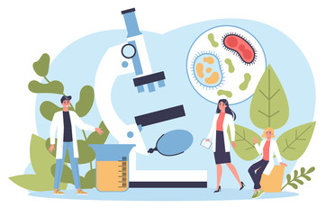 Biology science concept. People with microscope make laboratory - obrazy, fototapety, plakaty