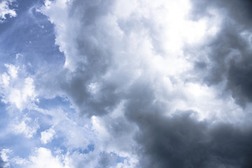 Terrible thunderclouds from the side of a plane. Gloomy epic clouds. Background image in a dark...