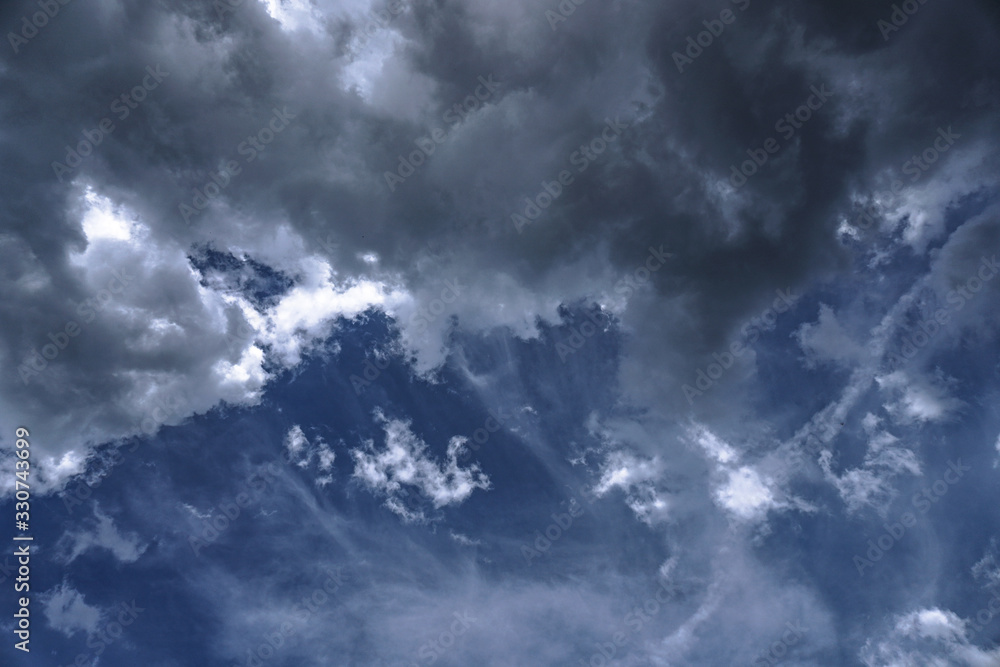 Poster terrible thunderclouds from the side of a plane. gloomy epic clouds. background image in a dark gray